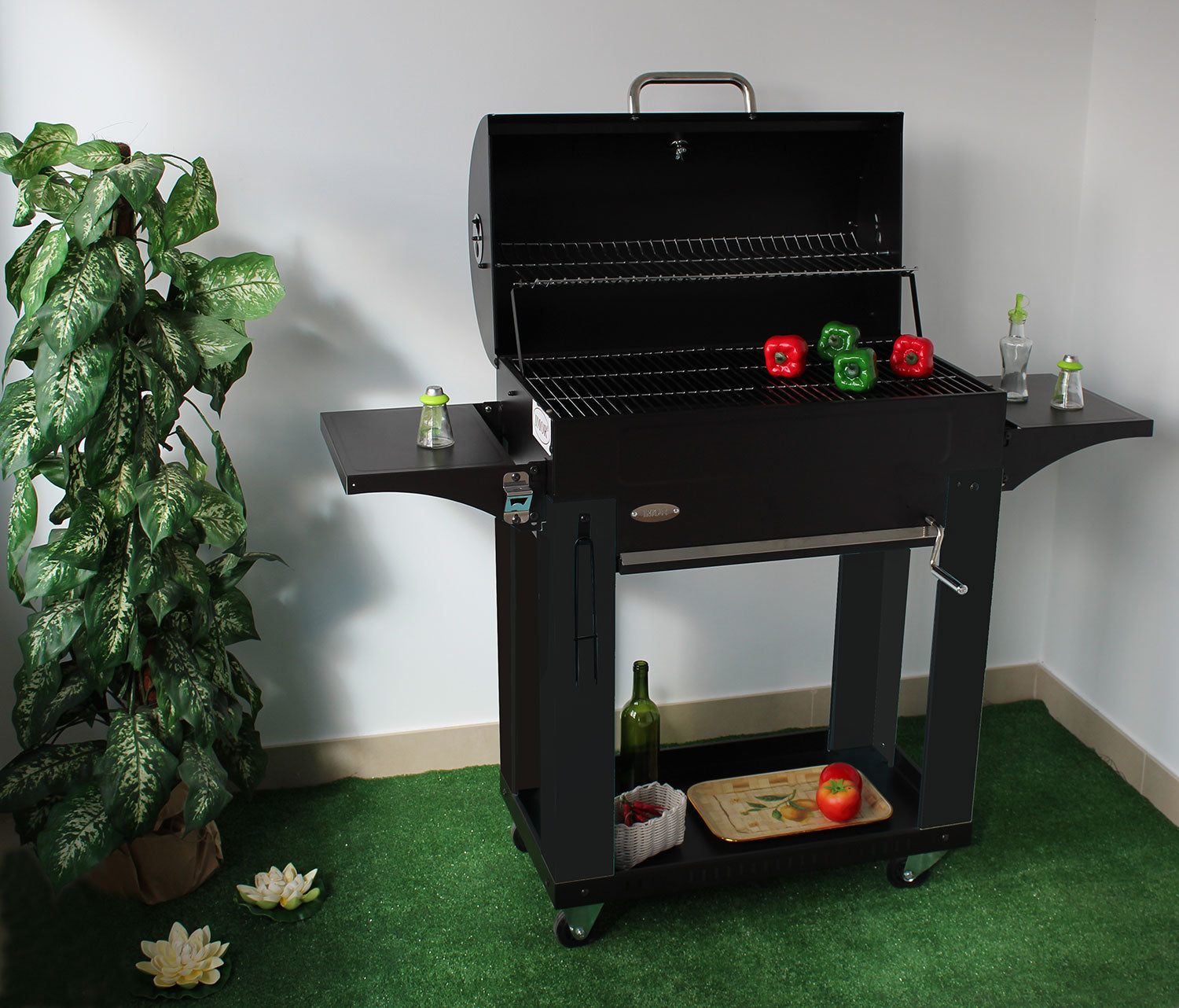 Barbecue a Carbone 140x44x120 cm con 3 Griglie e Coperchio in Acciaio Milano Nero