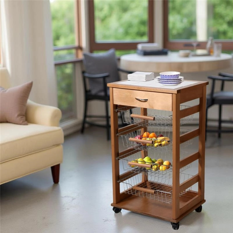 CARRELLO VESUVIO CON CASSETTO ROVERE IN FAGGIO BASE INFERIORE MULTISTRATO DI BETULLA 1 CASSETO 4 CESTELLI PIANO MATTONELLE IN CERAMICA