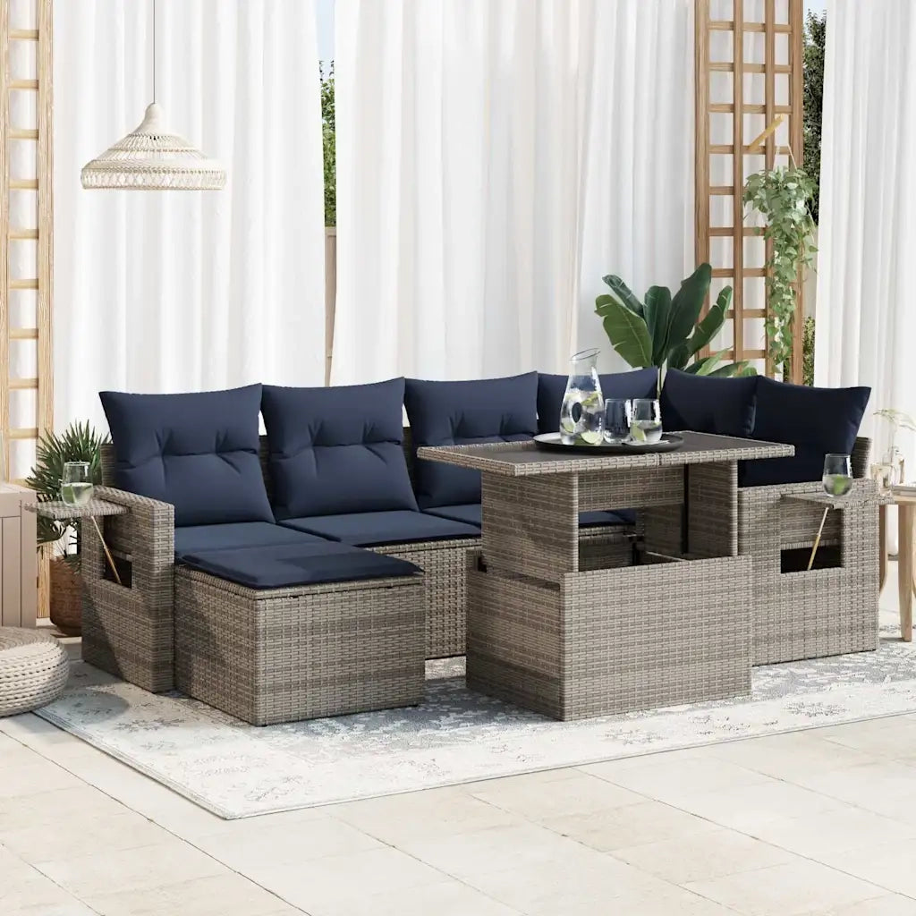 Set Divani da Giardino 7pz con Cuscini Grigio Polyrattan Acacia