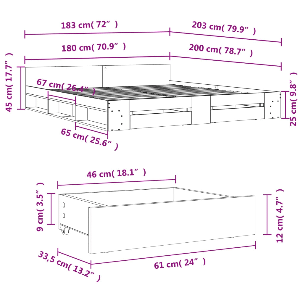 Letto matrimoniale | Letto per adulti | Giroletto Cassetti Grigio Sonoma 180x200 cm Legno Multistrato