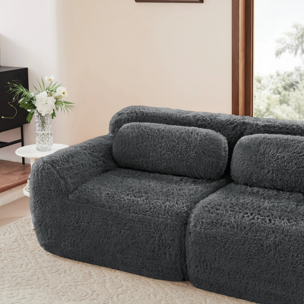 Divano Modulare 2 Posti con Design Senza Struttura, Cuscini e Base Antiscivolo, in Peluche Grigio