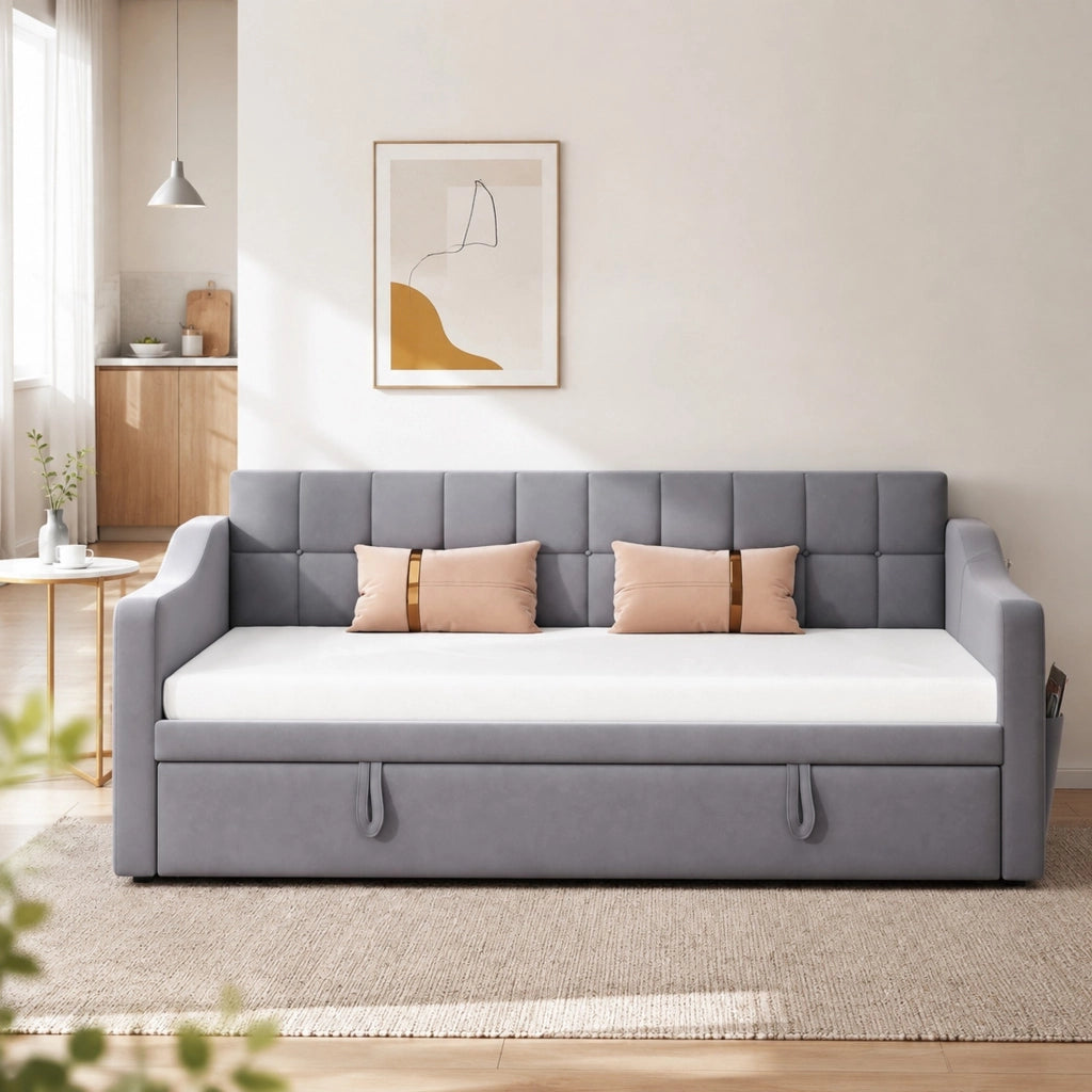 Letto imbottito estraibile 90x190 cm grigio in velluto con porte USB e struttura in metallo e legno