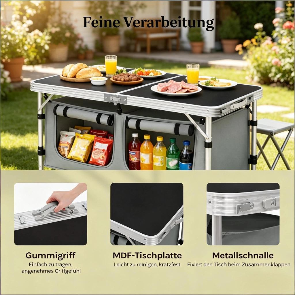 TAVOLO PIEGHEVOLE DA CAMPEGGIO 120 x 47 cm ALUMINIO MDF NERO/GRIGIO