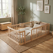 Recinto modulare per bambini 90 × 200 cm, barriere di sicurezza da 7 cm, angoli arrotondati, senza materasso, in legno, naturale