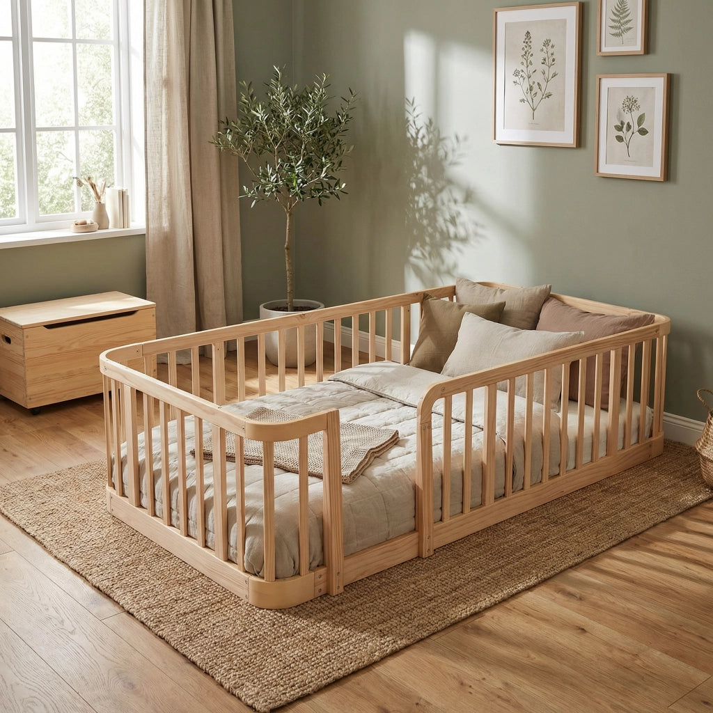 Recinto modulare per bambini 90 × 200 cm, barriere di sicurezza da 7 cm, angoli arrotondati, senza materasso, in legno, naturale