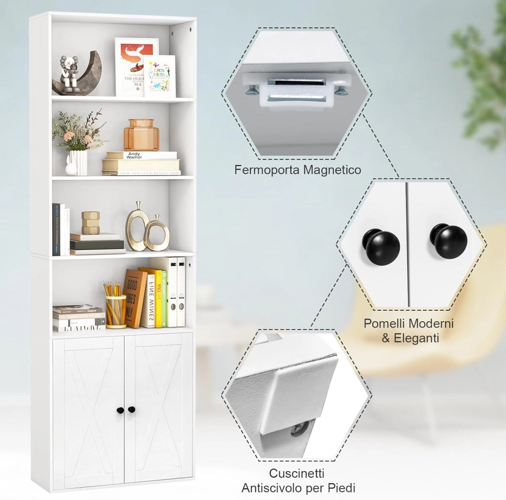 Libreria Scaffale con Ante, Libreria in Legno con 6 Ripiani e 2 Ante, Mobile Multiuso con Ripiano Regolabile per Soggiorno, Camera da Letto, Cucina, 60 x 24 x 180 cm, Bianco