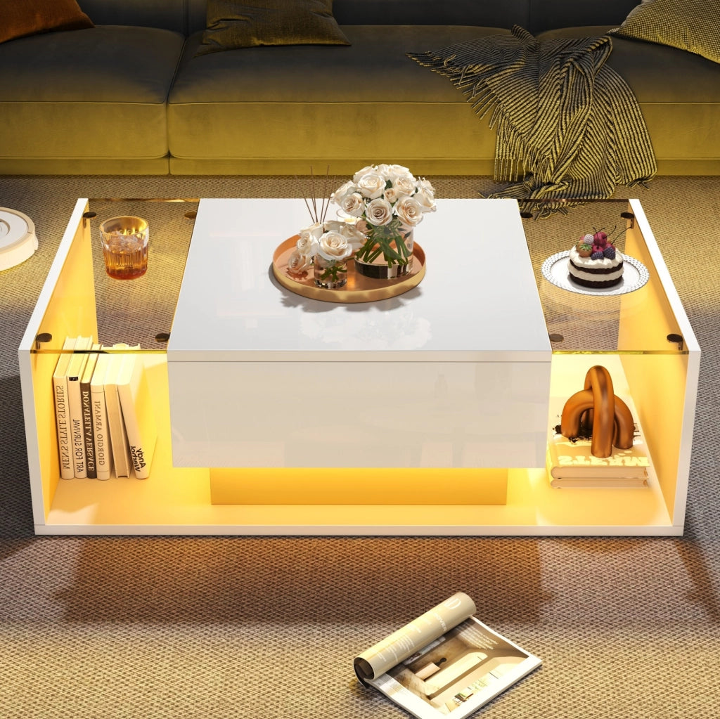 Tavolino da salotto quadrato 100 x 50 x 31 cm con 1 cassetto; LED e vetro temperato bianco lucido