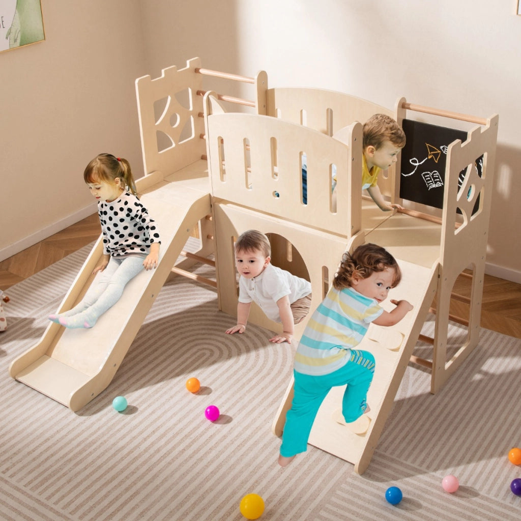 Parco giochi in legno a tema castello con scivolo e fori per strisciare, Scivolo per bambini 8-in-1 con nascondigli Naturale-Arrampicate e scivoli