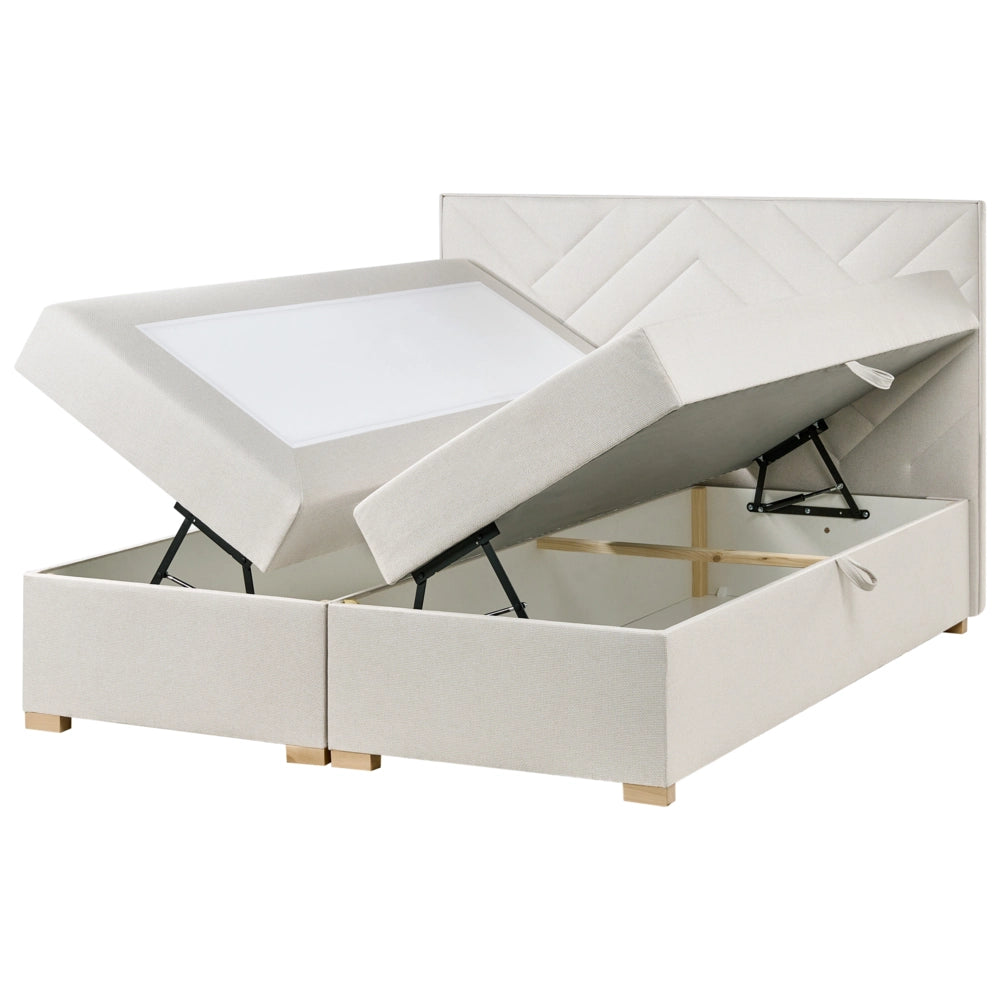 Letto contenitore in tessuto imbottito bianco sporco 160x200 cm con apertura a sollevamento continentale
