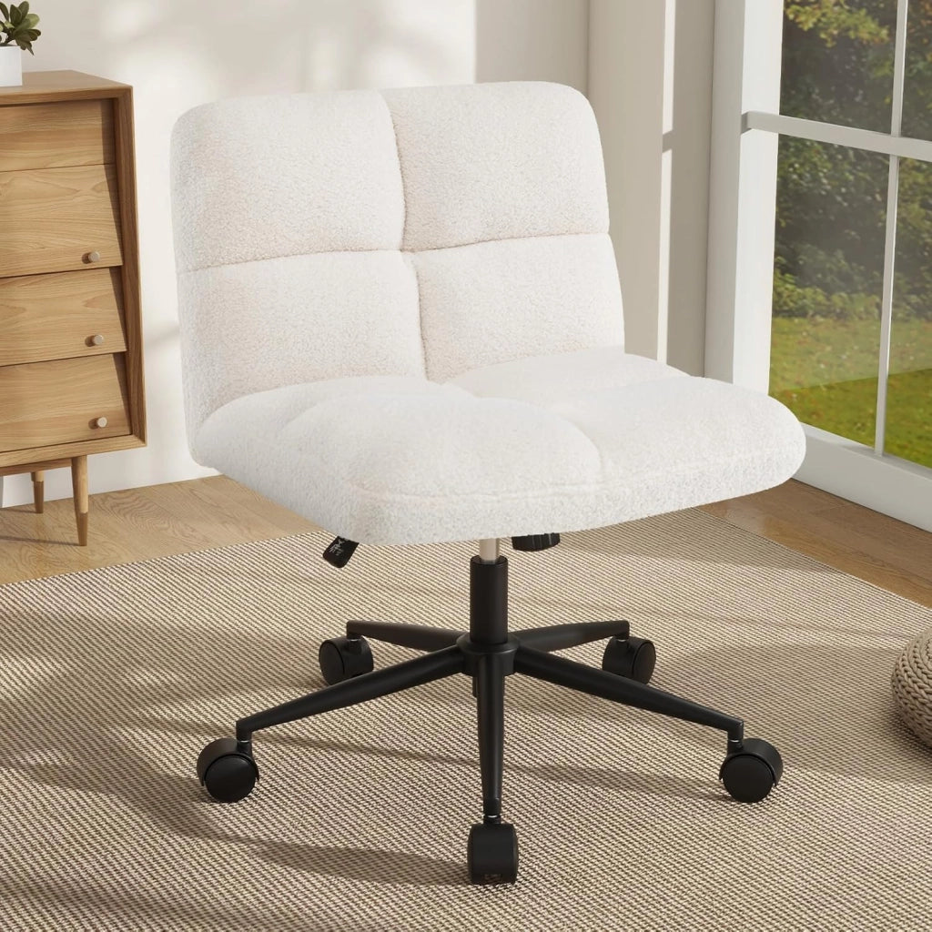 Sedia da ufficio con altezza regolabile, con 5 ruote, 73 x 69 x 79-87 cm, sedia girevole con gambe incrociate e seduta imbottita, sedia senza braccioli, per soggiorno, studio (beige)