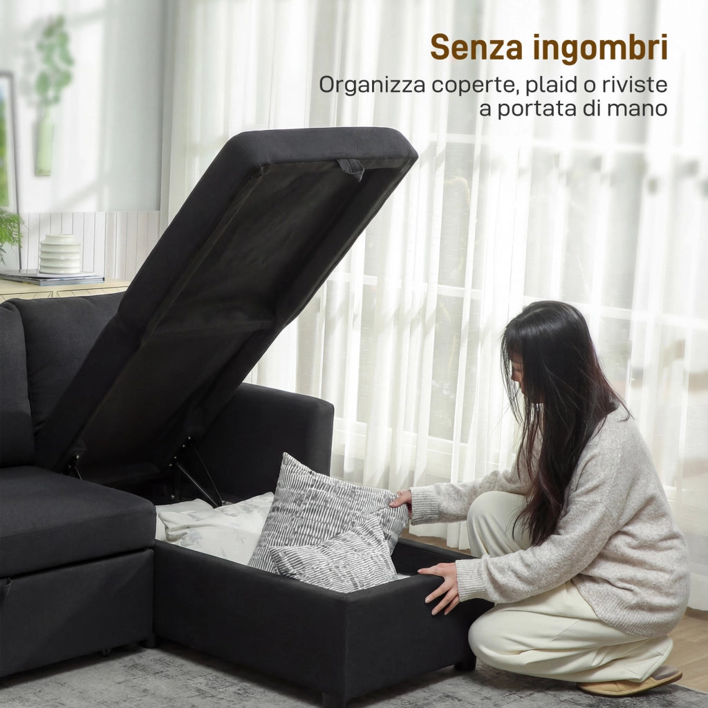 Divano Letto con Chaise Longue 192x148x86 cm con Vano Portaoggetti a Scomparsa Effetto Lino Grigio Antracite