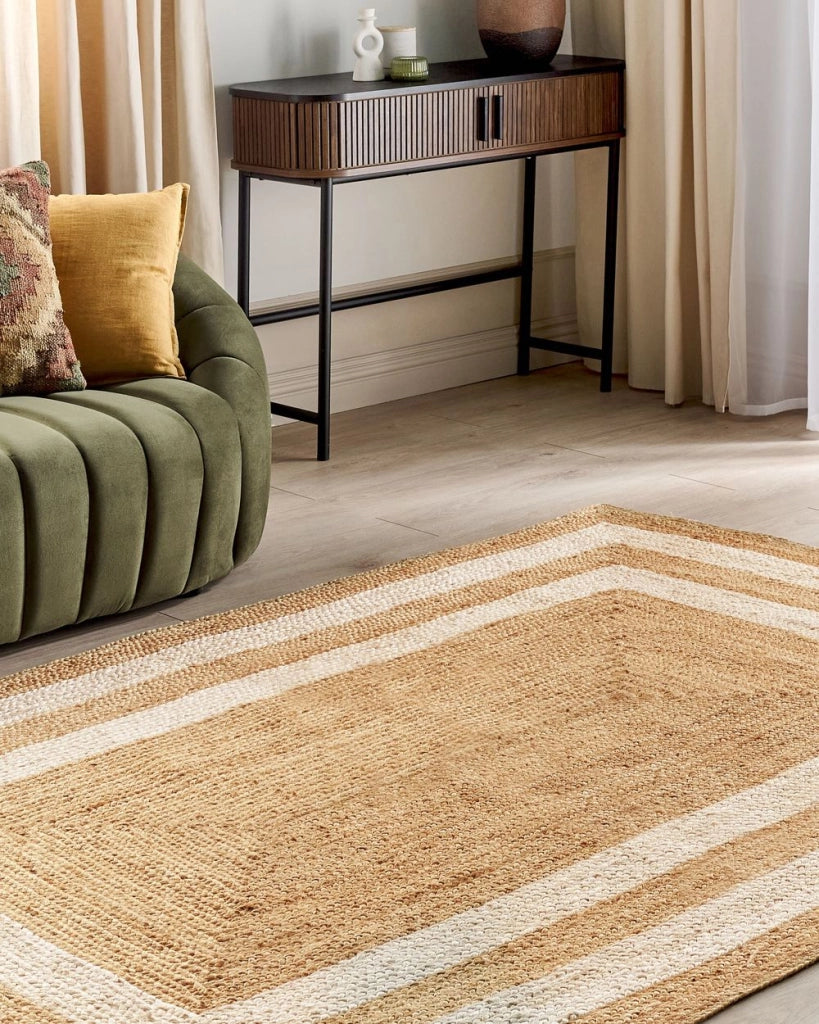 Tappeto Beige Juta 200 x 300 cm Intrecciato a mano con motivo a cornice Naturale Stile Boho Tessile