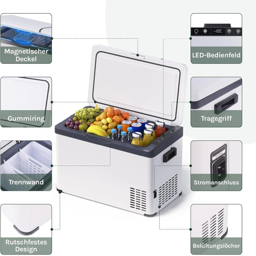 Mini Frigo Portatile 30L, 12V/220V Frigorifero Piccolo Elettrico a Compressore con Congelatore, per Auto Casa Campeggio Ufficio, Bianco+Nero