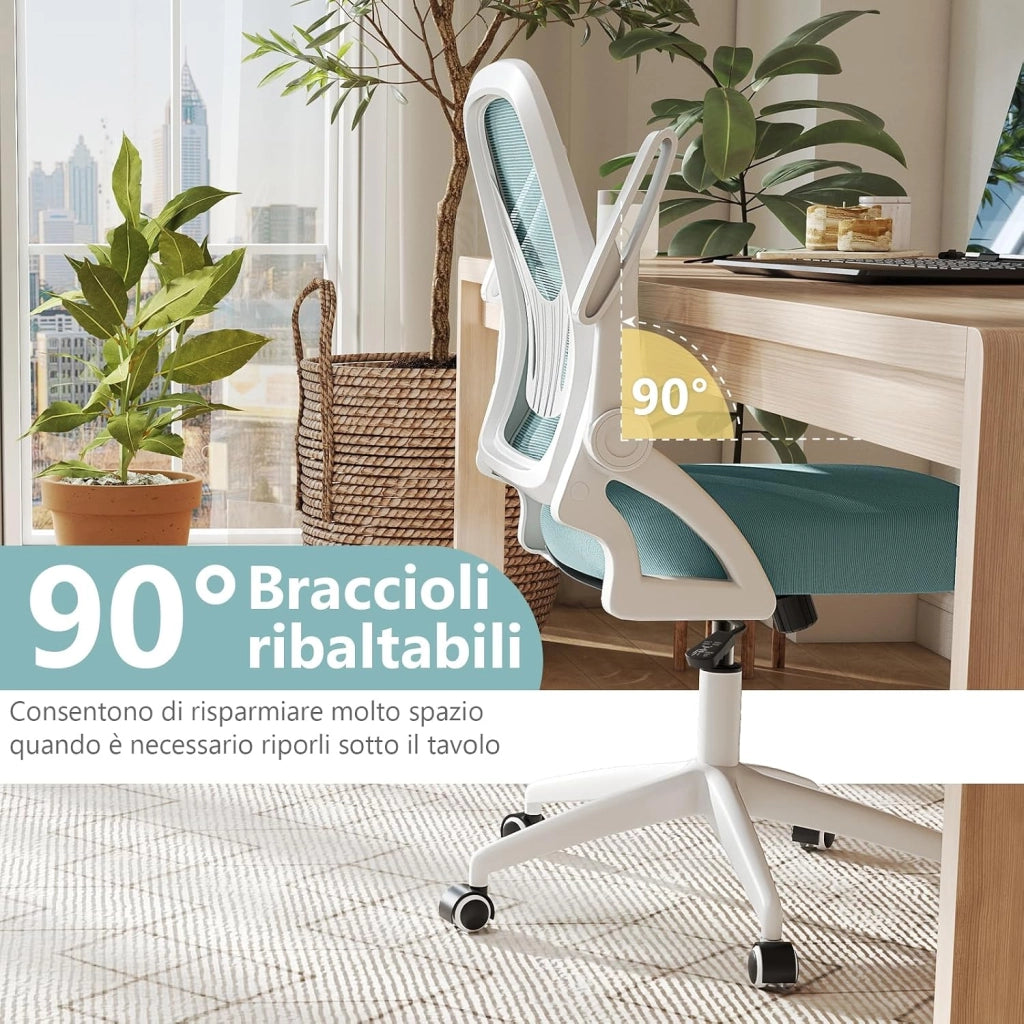 Sedia Ufficio Girevole 360°, Poltrona Scrivania con Regolabile in Altezza, Sedia da Lavoro con Supporto Lombare, Braccioli Ribaltabili, Ruote con Freni