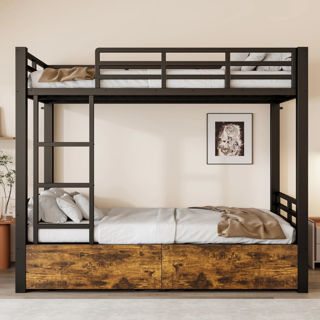 Letto a castello 90x200 cm, struttura in metallo, 2 cassetti, letto per bambini, nero