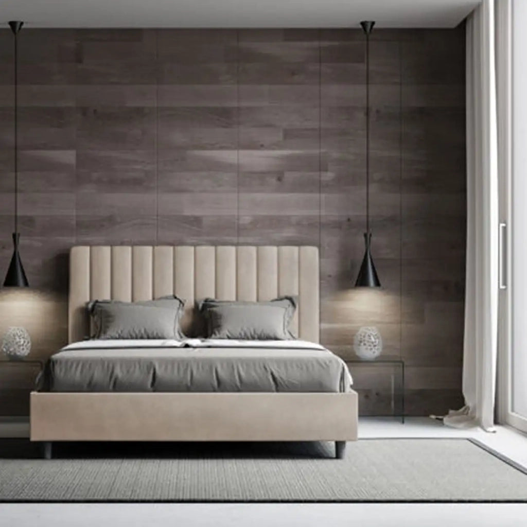 Letto matrimoniale senza rete imbottito 160x190 microfibra sabbia Agueda
