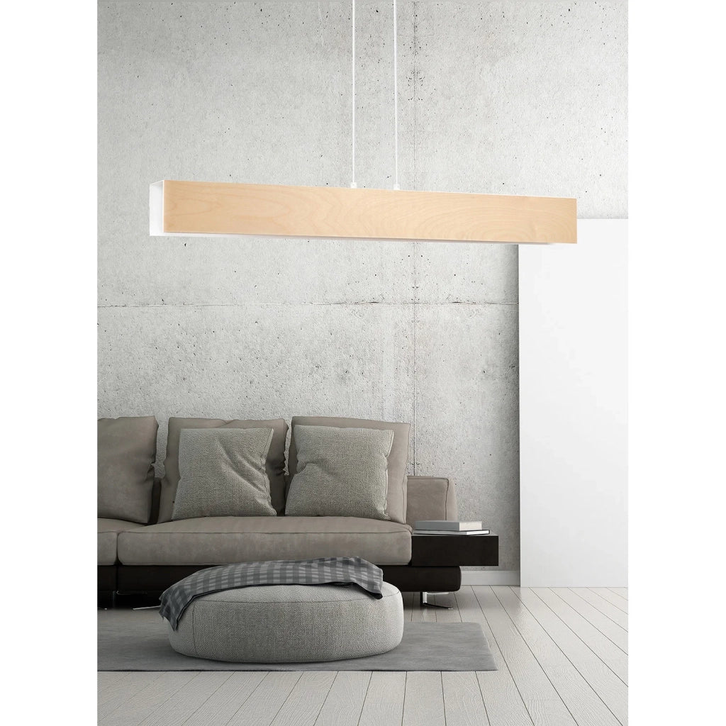 Lampadario 4 Luci Merlino In Acciaio Bianco Corpo Rettangolare E Legno Naturale
