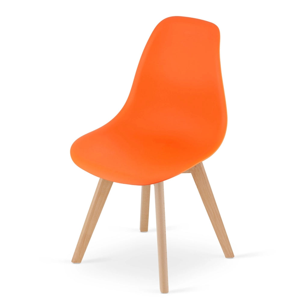 Sedia di design Kito arancione con gambe in legno di faggio