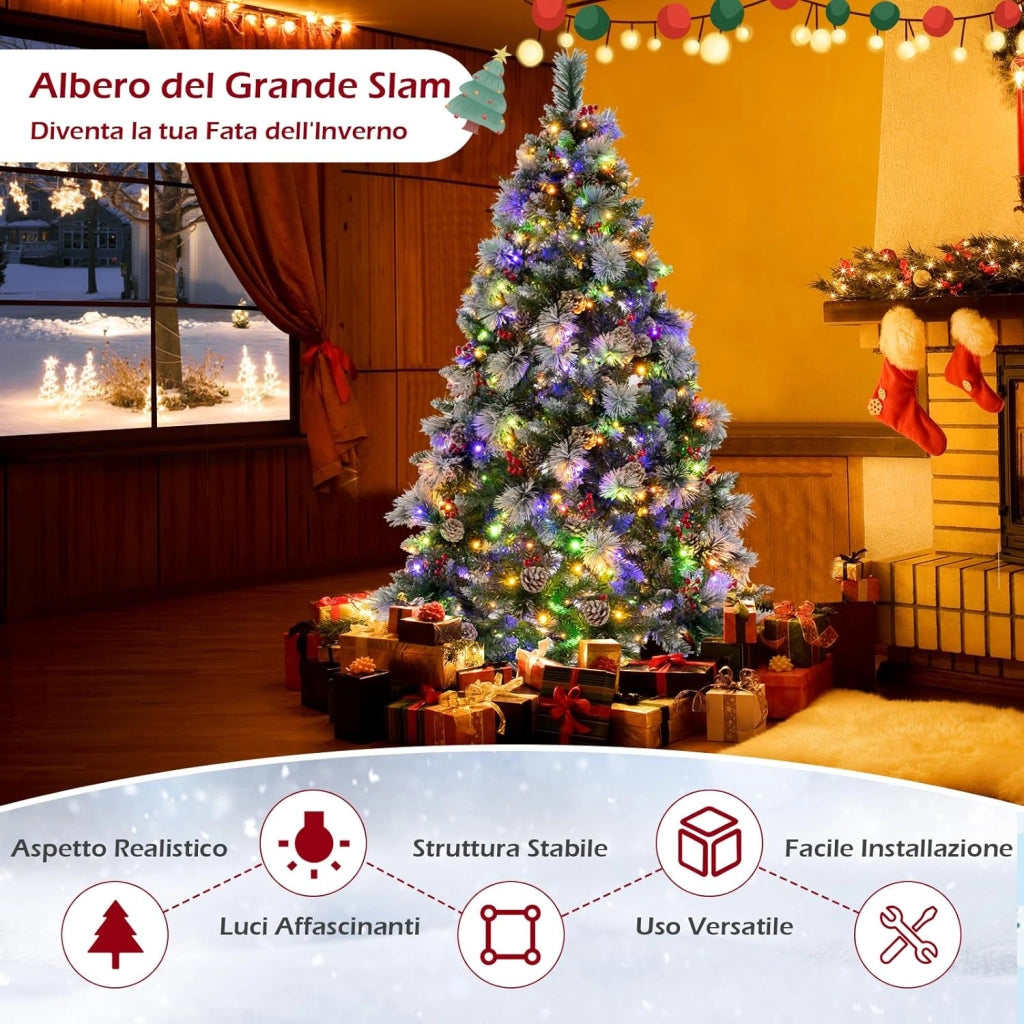 Albero di Natale Innevato 185/215 cm Pre-Illuminato e Incernierato, con 747/1116 Punte, 350/400 Luci LED, 55/70 Pigne, 55/70 Bacche Rosse e 11 Modalità di Illuminazione (185 cm)