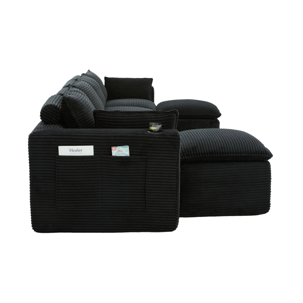 Divano Modulare 4 Posti con Poggiapiedi, Cuscini, Portabicchieri e Tasche ¨C MINIMAL ¨C Nero, Tessuto Cord
