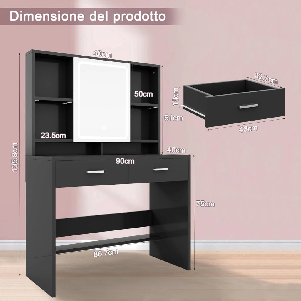 Toeletta Trucco con Luci Led a 3 Colori con Luminosità Regolabile,Tavolo da Trucco con Spazio per Gioielli, 4 Ripiani Regolabili, 2 Cassetti, Stile Moderno, Nero