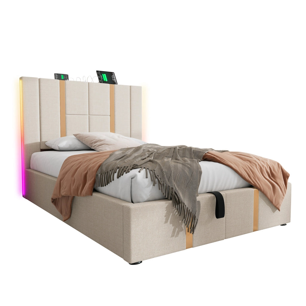 Letto imbottito singolo 90x200 cm con LED RGB, USB Type-C, contenitore salvaspazio e rete a doghe, beige