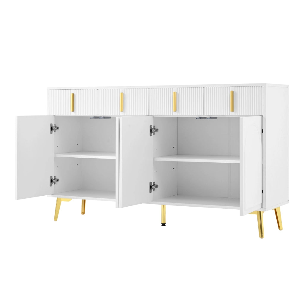 Sideboard moderno bianco 140 cm con 4 cassetti, 4 ante, ripiani regolabili e dettagli oro