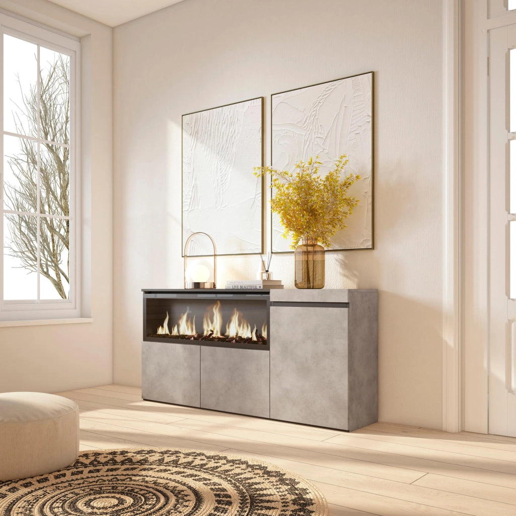 Credenza, Mobile, 158x35x75cm, 3 Porte, Camino elettrico XXL, grigio cemento RF3286
