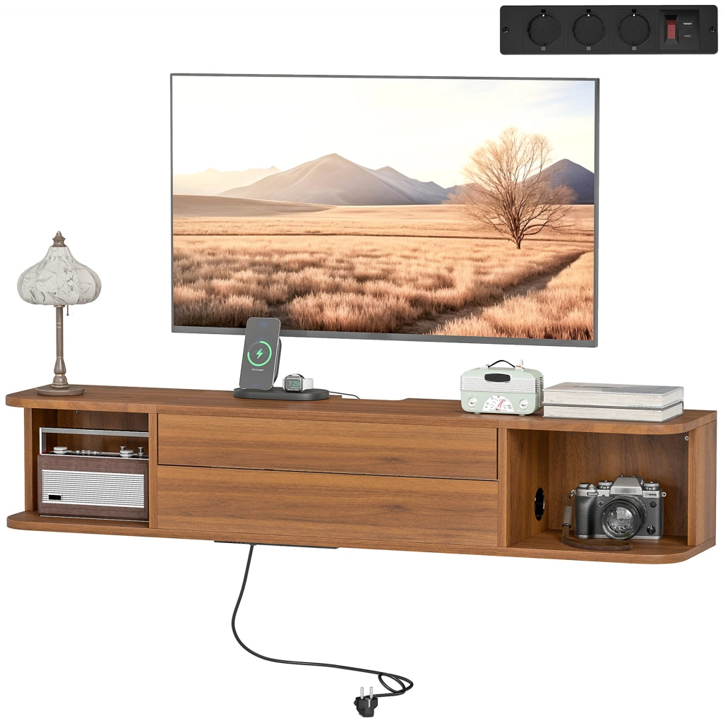 Mobile TV Sospeso con Cassetto, Ripiani e Prese ¨C zephmum ¨C Noce, 120x24x22.4 cm