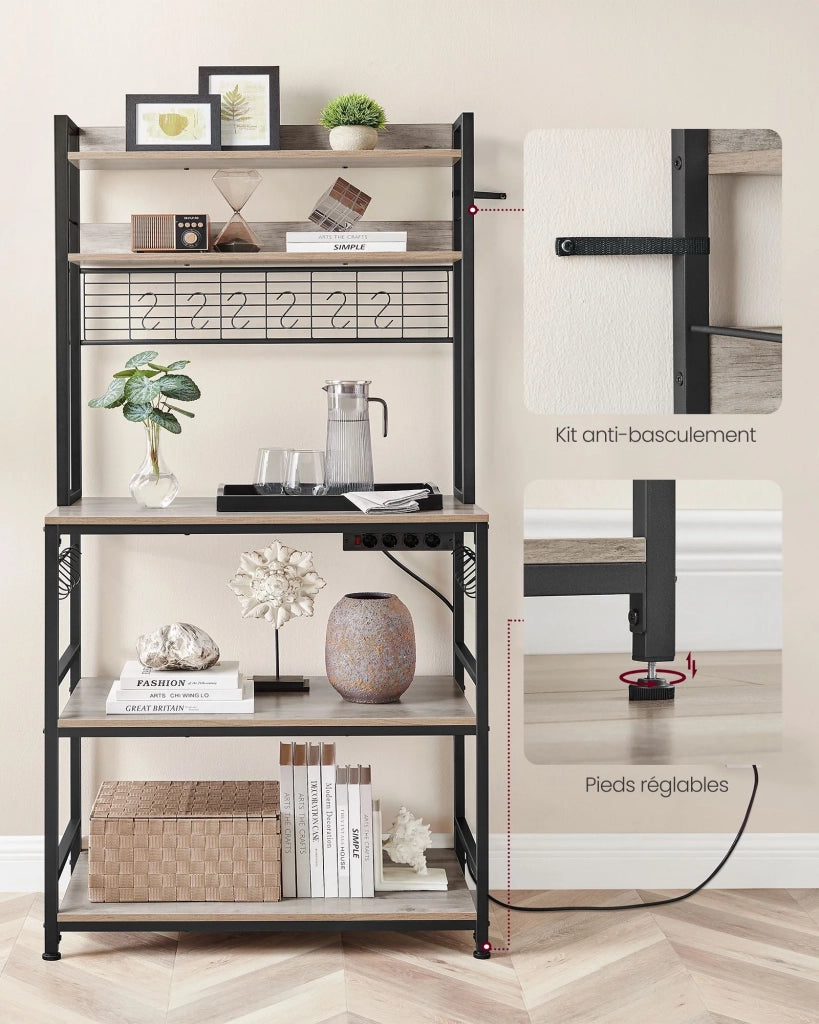 Mensola da cucina con multipresa supporto per microonde ripiano portaoggetti con pannello in rete metallica 14 ganci 40 x 80 x 170 cm grigio 12_0005668