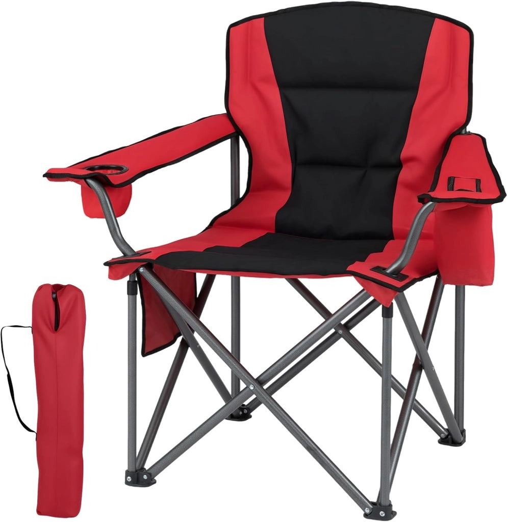 Sedia da Campeggio Pieghevole, Sedia da Esterno con Tasca Refrigerante, Portabicchiere, Tasca Laterale e Borsa, Sedia Portatile per Picnic, Escursioni e Pesca, Portata 150 kg (Rosso)
