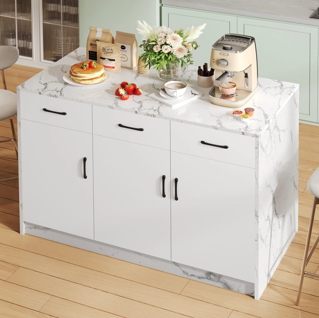 Isola da cucina con area bar 120 x 60 x 90;5 cm; 3 cassetti e 3 ante; bianco marmo