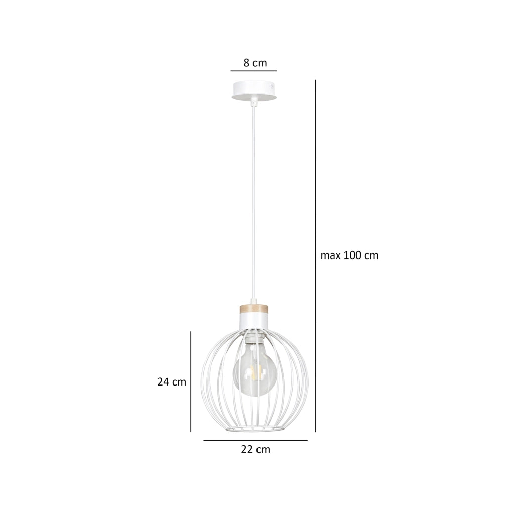 Sospensione 1 Luce Morgana Paralume A Gabbia In Acciaio Bianco E Legno Naturale