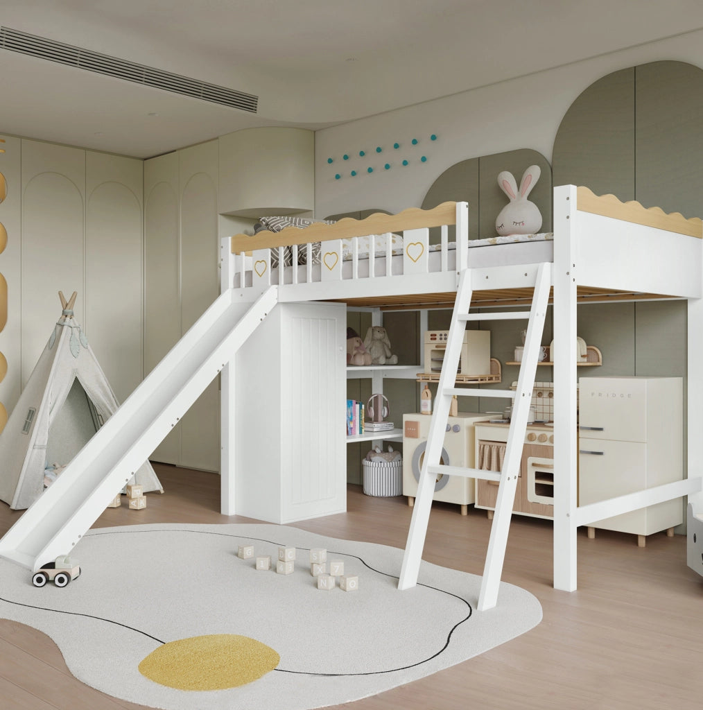 Letto a soppalco per bambini 90x200 cm con scivolo; armadio e mobile contenitore; bianco e naturale