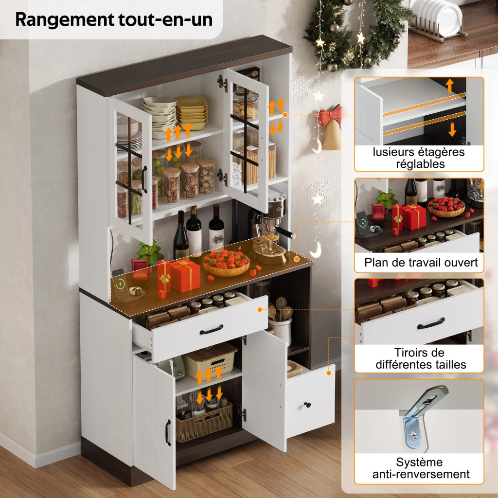 Credenza alta da cucina con LED, prese e ripiani regolabili, ante in vetro per cucina e soggiorno 105 × 40 × 185 cm