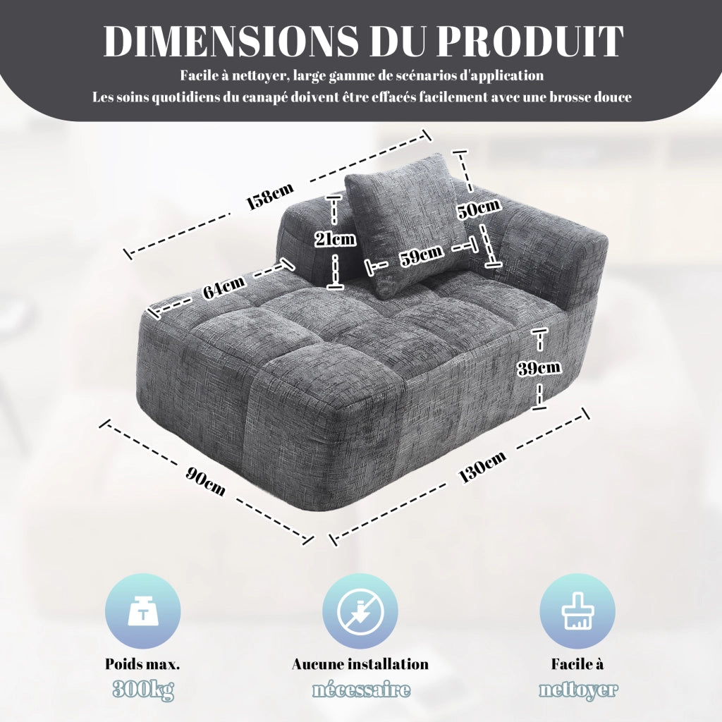 Divano Chaise Longue con Tasche Laterali e Cuscino; Seduta Morbida a Rimbalzo Rapido; in Ciniglia; Grigio; 158 × 90 × 60 cm