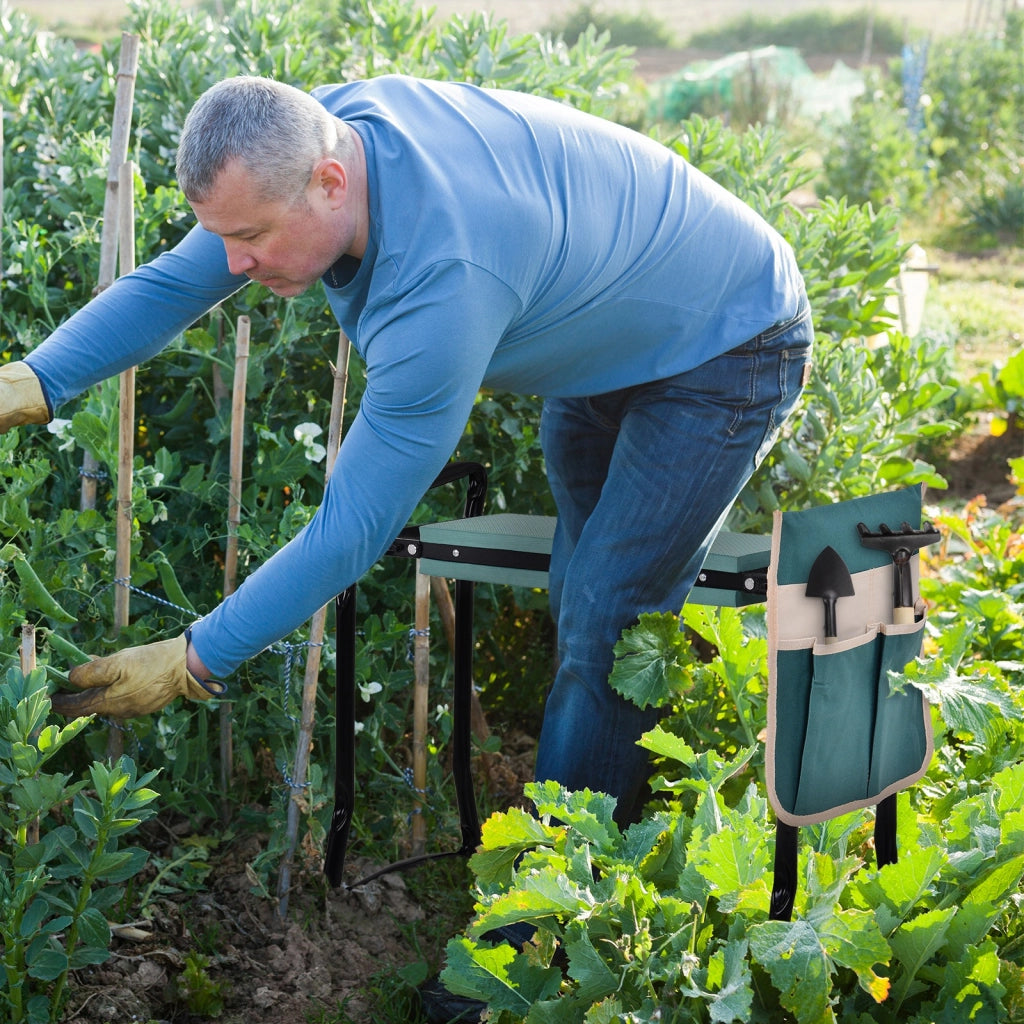 Sgabello Pieghevole da Giardino ¨C Xylo ¨C con Borsa Portattrezzi e Cuscino Verde Nero
