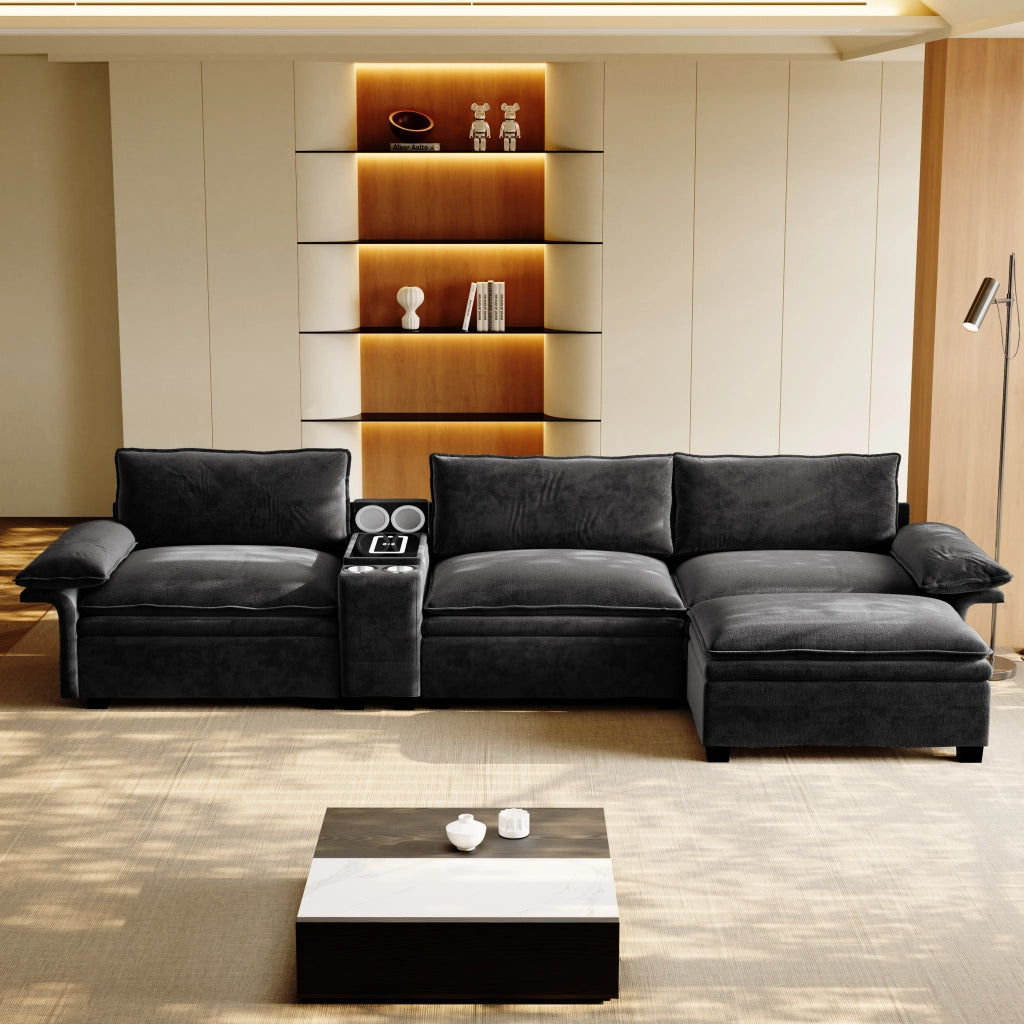 Divano modulare 4 posti - con contenitore; luci e portabicchieri - in chenille nero