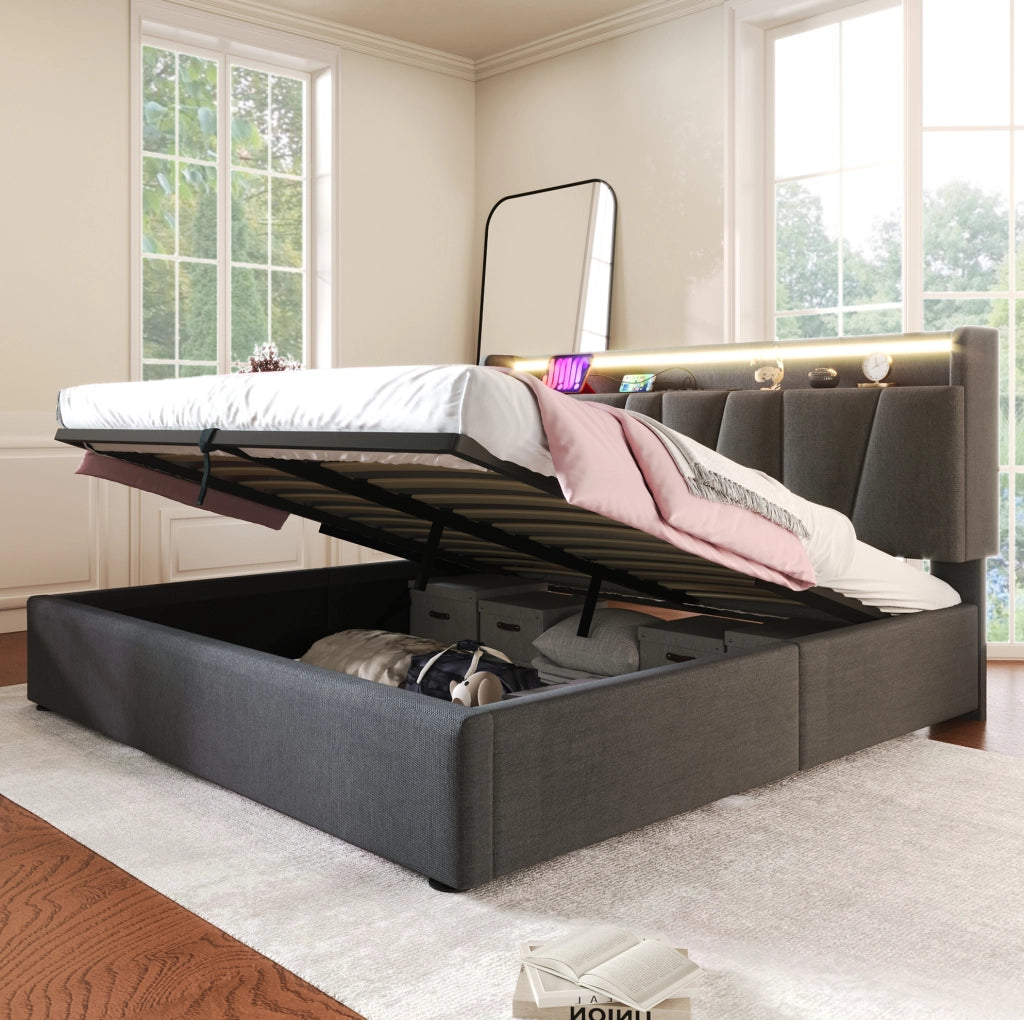 Letto matrimoniale 140x200 grigio con LED, USB e materasso