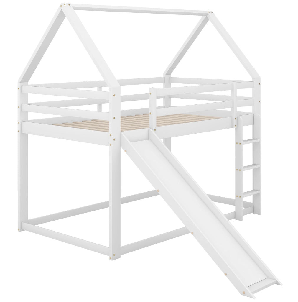 Letto a castello a forma di casa con scivolo e scala, bianco, 90 x 200 cm