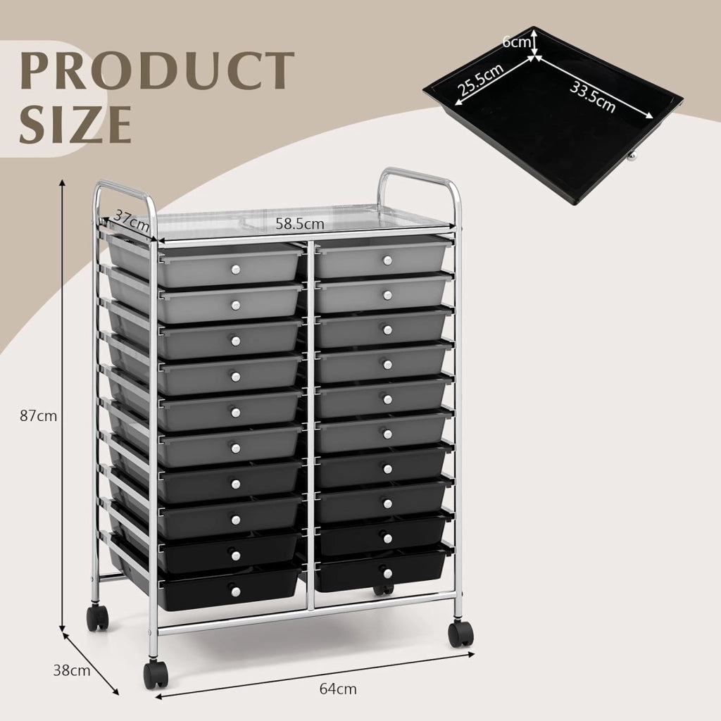 Carrello portaoggetti con ruote da 20 cassetti rimovibili, torre di stoccaggio mobile, 4 ruote con 2 freni, carrello girevole per ufficio, cucina, casa, 64 x 38 x 87 cm (nero sgrassato)