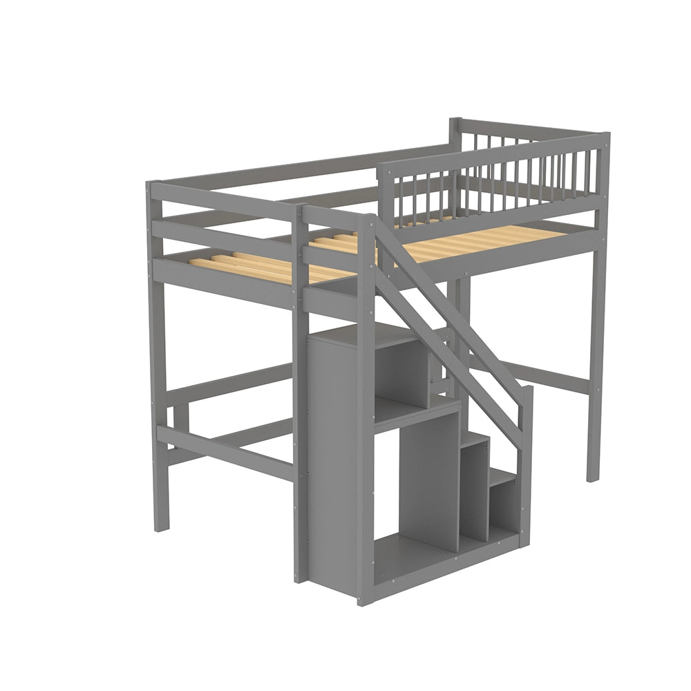 Lit superposato per bambini - Xylo - 90x200 cm - Legno massiccio - Grigio - Scala e armadio di stoccaggio