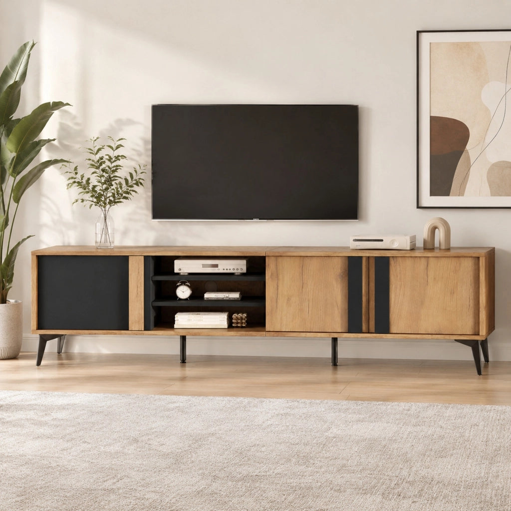 Mobile porta TV rustico con 4 vani aperti, 3 ante, passacavi e struttura in truciolare e ferro 180 × 40 × 50 cm