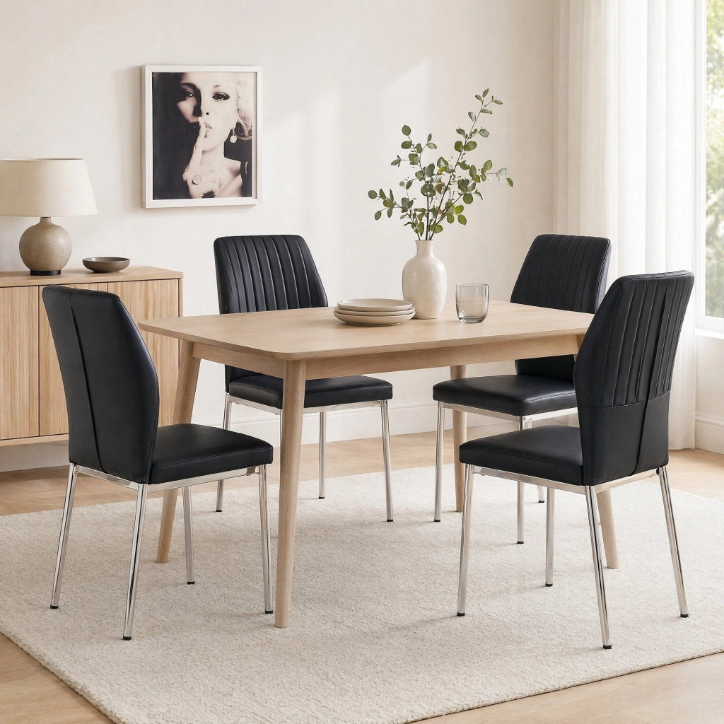 Sedia da pranzo Set di 4 con schienale a scanalature e gambe in metallo, PU Nero Argento