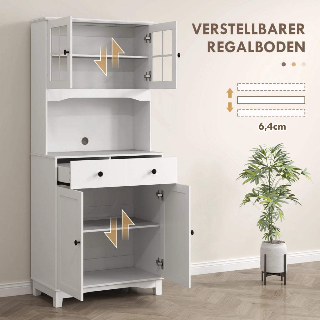 Mobile da cucina, mobile alto con ripiano per microonde, 2 armadietti, 2 cassetti, vetrina con ripiani regolabili, dispositivo antiribaltamento,