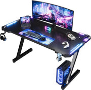 120 x 60cm Scrivania Gaming LED, Tavolo Gaming Ergonomica, Scrivania per Computer con Porta Bicchiere e Ganci per Cuffie, Postazione con Piano del Tavolo in Fibra di Carbonio, Nero