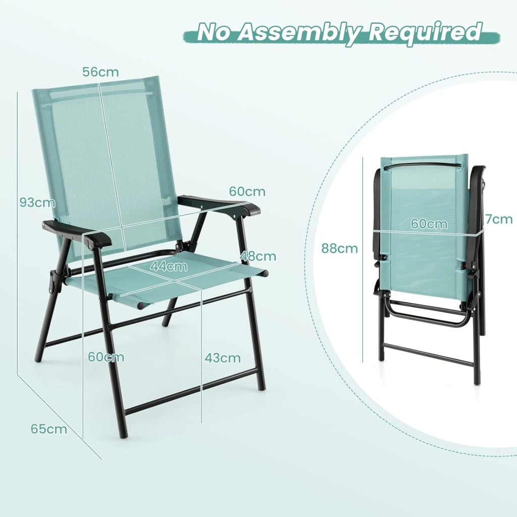 Set di 4 sedie da giardino pieghevoli, pieghevoli, con schienale alto e bracciolo, resistenti alle intemperie, in metallo e tessuto, portata fino a 150 kg (verde menta)