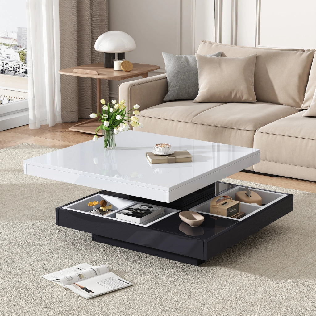 TAVOLINO da caffè girevole 70x70x36 cm bianco e nero in pannello truciolare