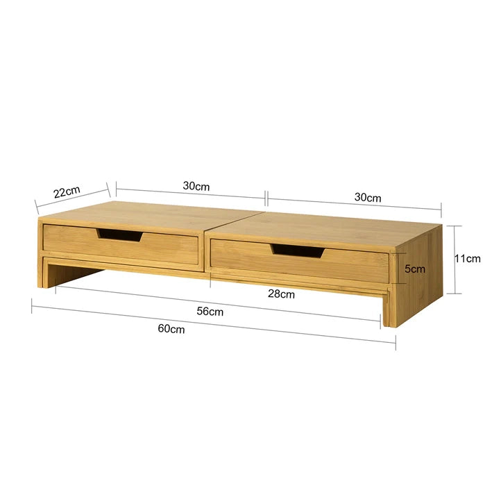 Supporto Monitor pc da scrivania per 2 Monitors Angoli Girevole con 2 cassetti e Gomma Antiscivolo in Legno massello di bambù BBF04-N