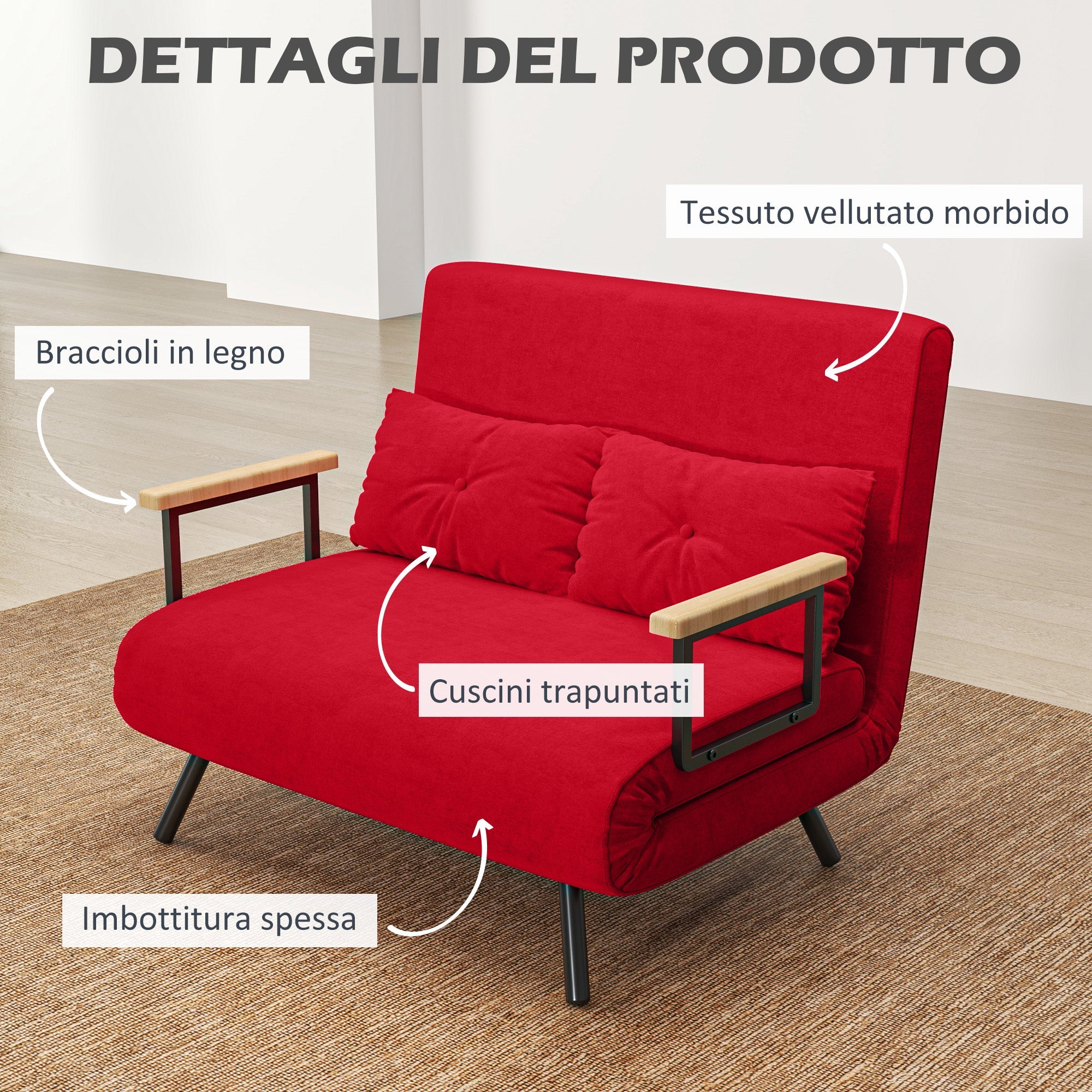 Divano Letto Schienale Regolabile 102x73x81 cm in Velluto Rosso